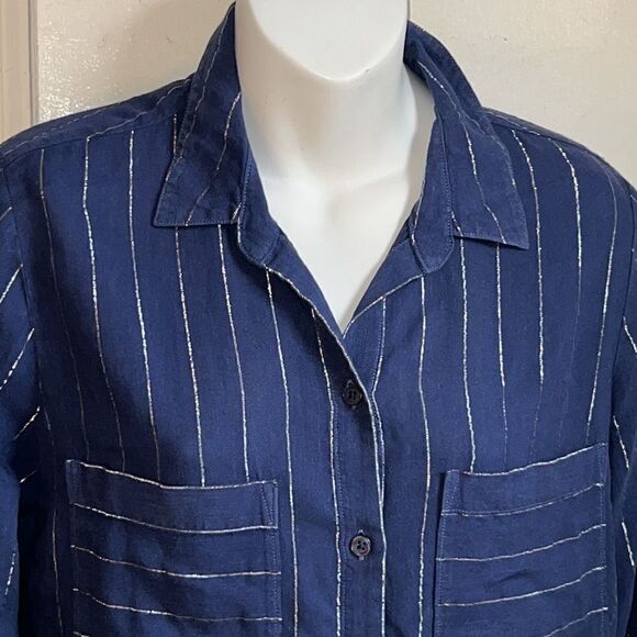 ANTHRO CLOTH & STONE Metallic Striped Linen Blend Blouse-S - Picture 3 of 10